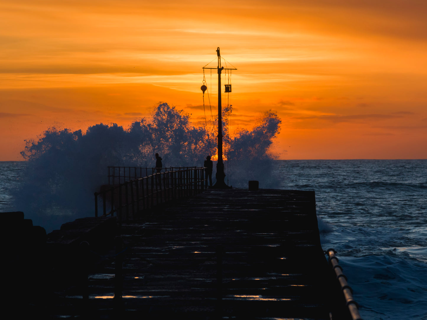 Porthleven Pier Sunset Wave Print