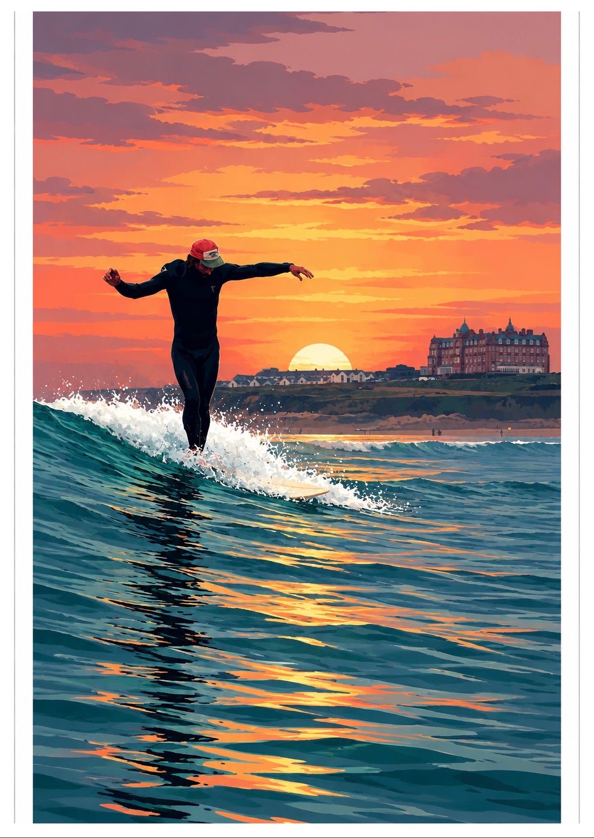 Fistral Beach Sunset Surfer Poster Print