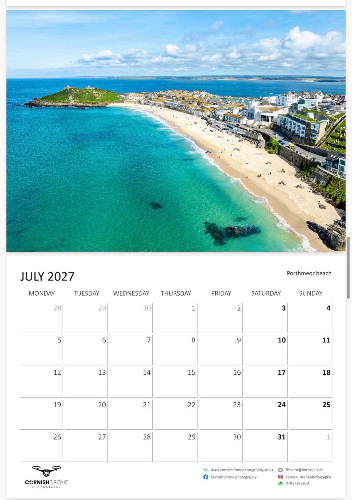 Cornwall Calendar 2027