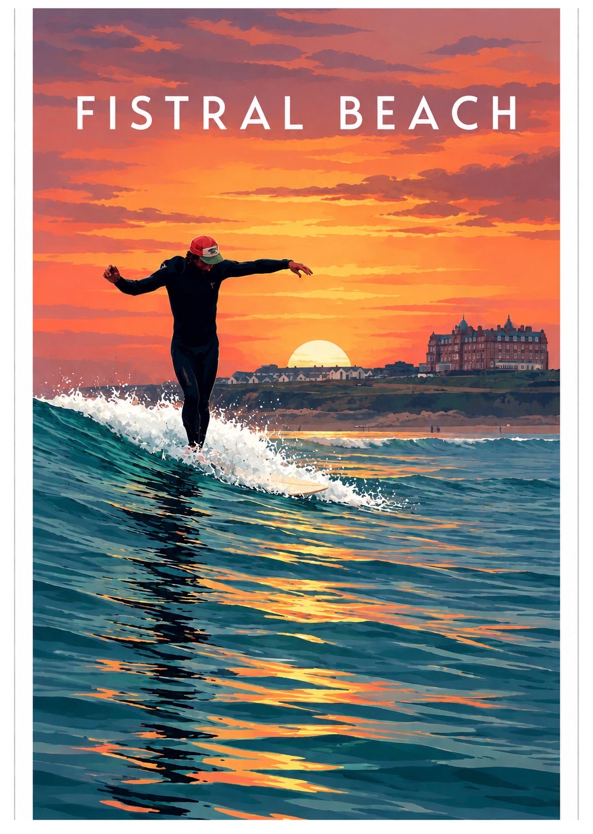 Fistral Beach Sunset Surfer Poster Print