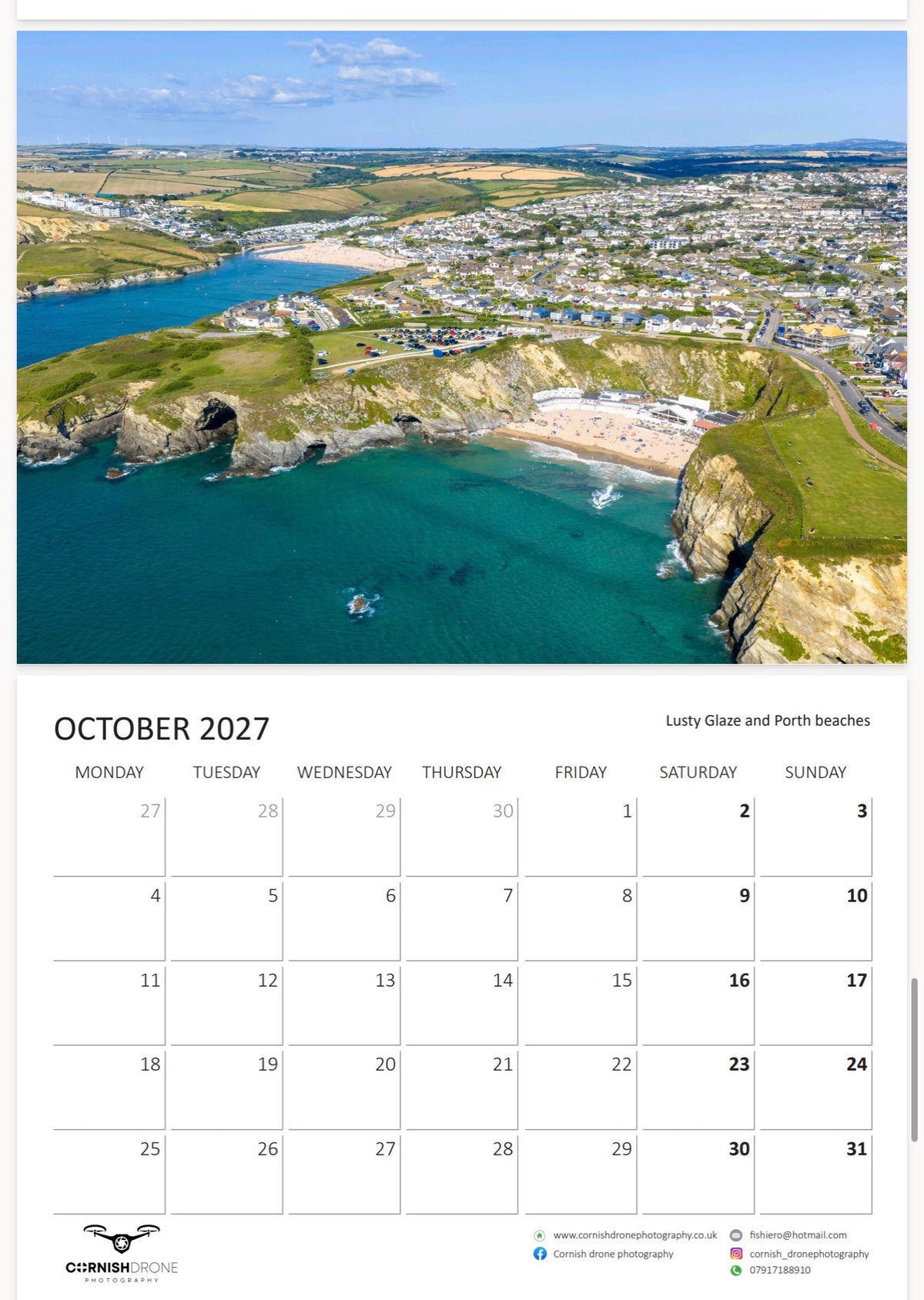 Cornwall Calendar 2027