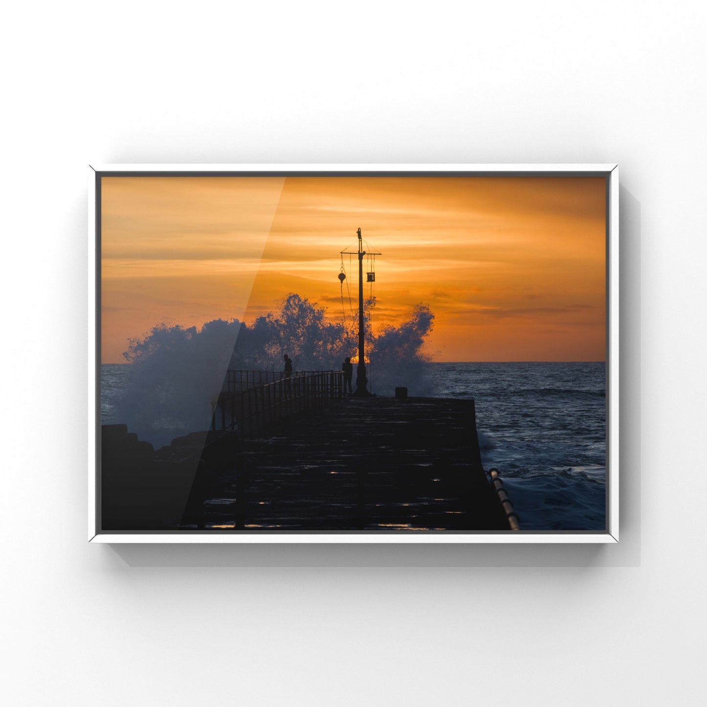 Porthleven Pier Sunset Wave Print